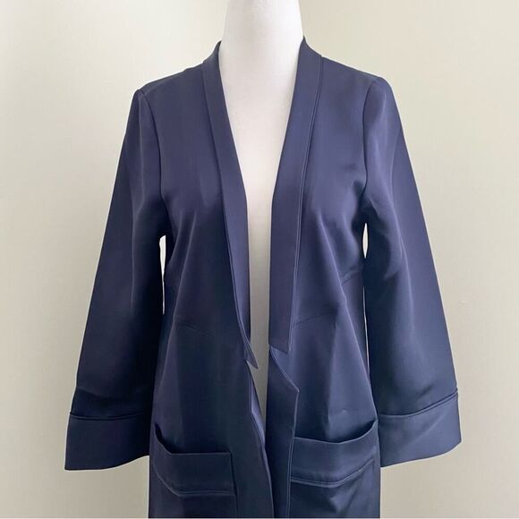 ayr - crystal cove jacket satin duster collared open front midi navy blue - Picture 6 of 10